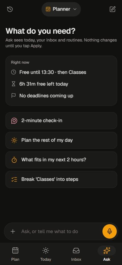 Dayline Ask screen with suggestions such as Plan the rest of my day