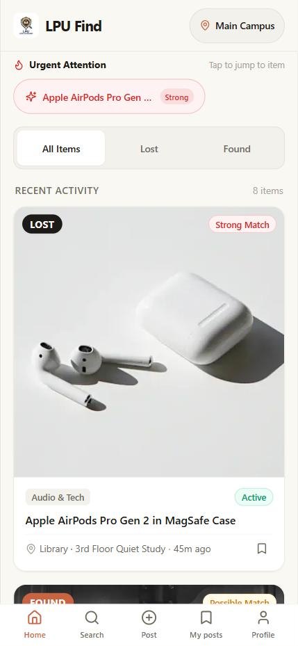 LPU Find home screen with an urgent AirPods post marked Strong match