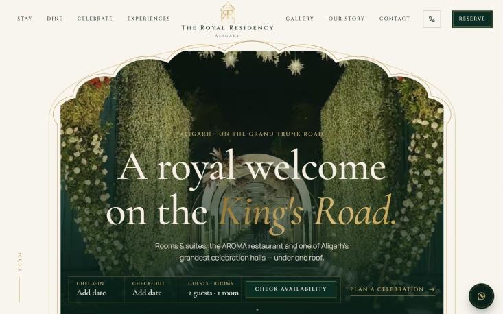 Royal Residency Nawabi direction: ivory page, arched hero with the headline A royal welcome on the King's Road