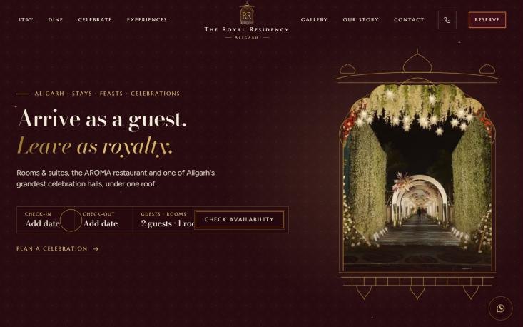 Royal Residency Royal Maroon direction: dark maroon page with the headline Arrive as a guest, leave as royalty