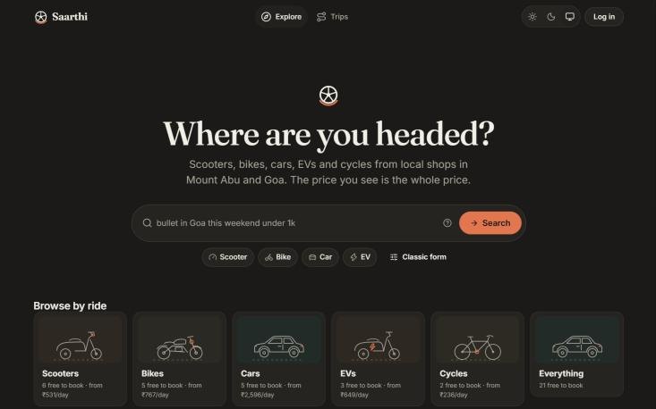 Saarthi home page with a natural-language search bar and categories for scooters, bikes, cars, EVs and cycles